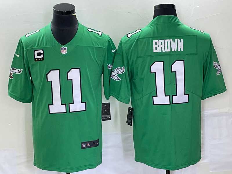 Mens Philadelphia Eagles #11 AJ Brown Green C Patch 2023 Vapor Limited Throwback Jersey->philadelphia eagles->NFL Jersey